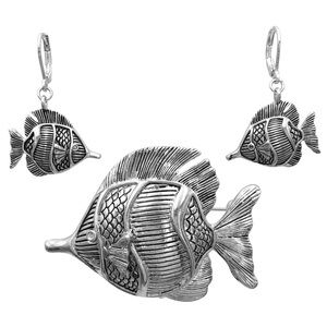 Tropical Fish Silver Brooch Pendant Earrings Set
